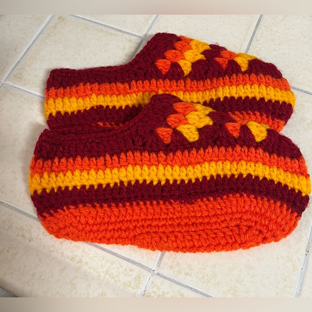 Handmade Crochet Slippers in vibrant Red, Orange, and Yellow color